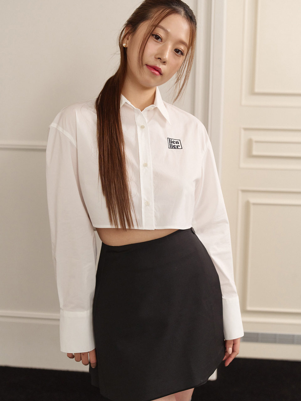 23SS) back pleated mini skirt - black